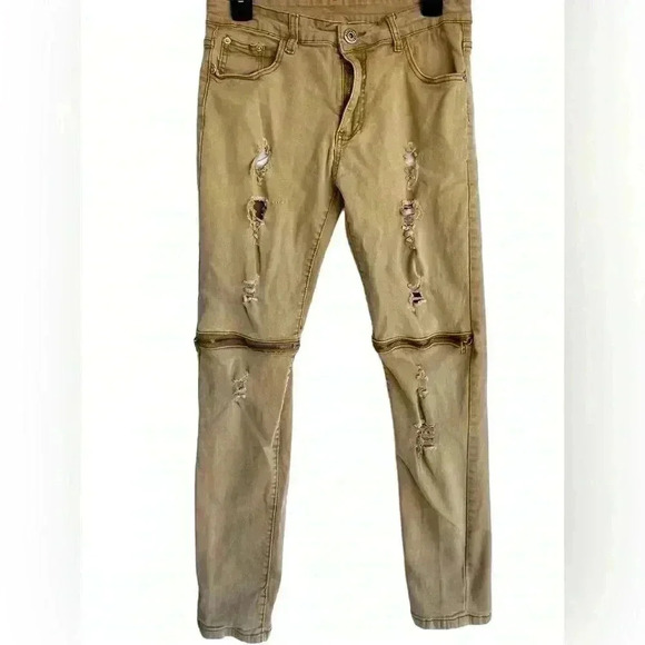 Men’s Tan Distressed Zippered Knees Skinny Slouch Qazel Verrnlon Jeans W32/38L - Picture 6 of 8